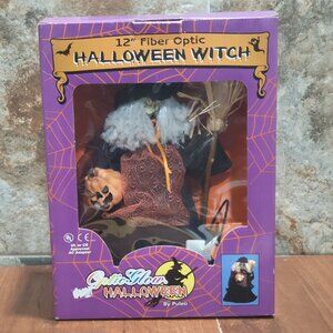 Halloween Fiber Optic Witch Broom Pumpkin Jack In Box